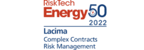 An award logo recognising Lacima as the winner in the Market Risk and Cross-Market categories in Risk Tech's 2022 Energy50 rankings. The award is testament to Lacima's excellence in energy risk and analytics.