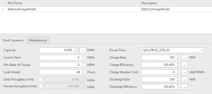 Battery modelling input screen for defining capacity, efficiency, cycle limits, and degradation in Lacima Analytics An image of the input screen where battery parameters like capacity, efficiency, cycle limits, and degradation can be set to ensure accurate modeling that informs optimal operational decision-making.