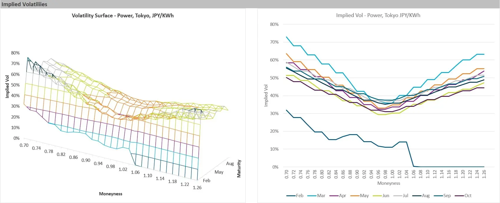 Tokyo Power Implied Volatility Surface Calibration Two Tokyo Power implied volatility charts showing a 3D volatility surface by maturity and moneyness, alongside a 2D view comparing implied volatility trends by month.