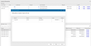 Define and configure risk limits across metrics, portfolios and counterparties within a controlled interface. Lacima Analytics Limits module screen showing configuration of risk limits for metrics such as VaR and counterparty exposure, including threshold settings and alert triggers.