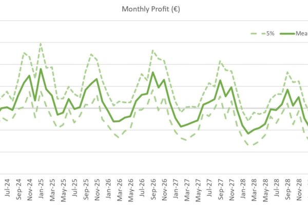 Monthly Earnings-at-Risk (EaR) distribution chart showing 5% and 95% percentile profit forecasts in Euros A chart depicting monthly EaR distribution in Euros at the 5% and 95% percentile.