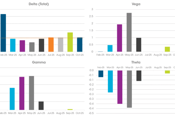 Unhedged Delta Exposure by Month. Monthly Greeks dashboard showing unhedged Delta, Vega, Gamma and Theta exposures from February to October.