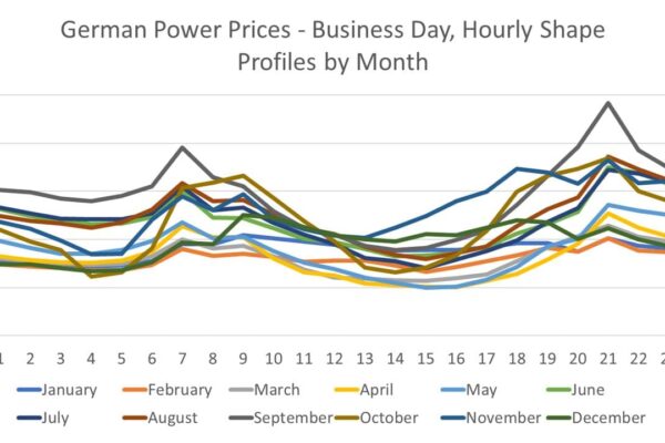 German Power Price Hourly Shape Profiles by Month. Calibrated hourly German power price shape profiles for all 12 months, showing the morning and evening peak price patterns.