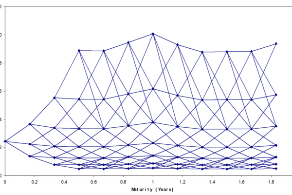 Forward curve calibrated gas price tree with mean reversion. Trinomial gas price tree calibrated to the market forward curve with paths incorporating mean reversion.