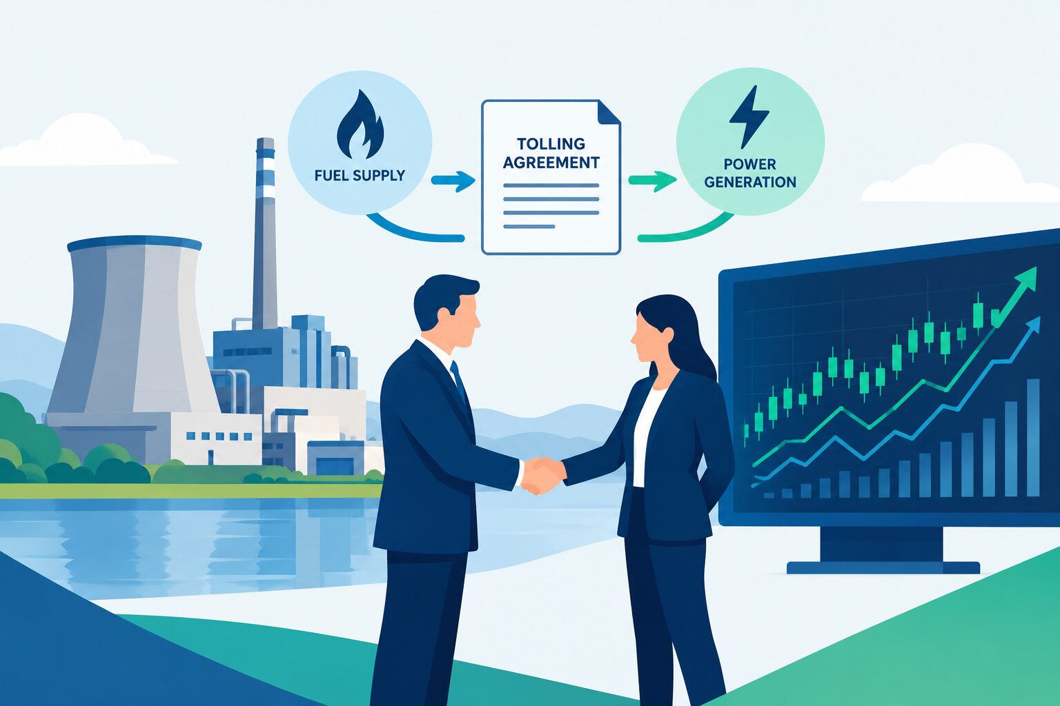 Tolling agreements connect power generation capacity with energy market participation Power plant, energy market trends and business agreement representing a tolling agreement